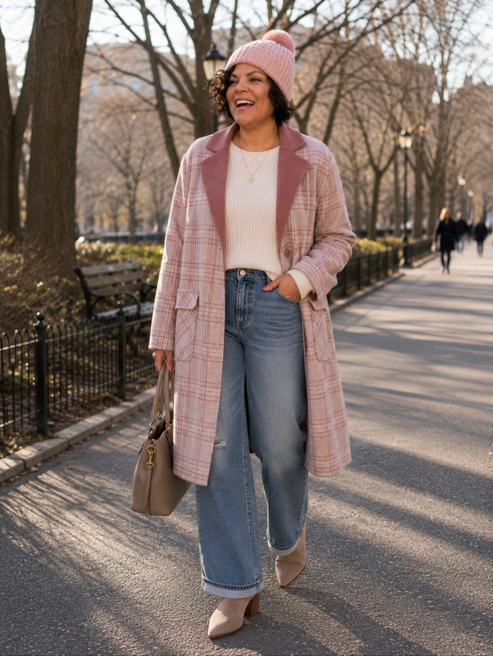 Chico's Pink Plaid Long Pea Coat